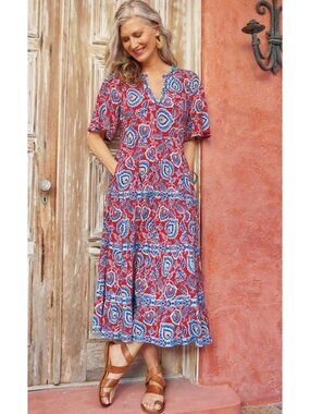 SOFT SURROUNDINGS Lilith Midi Dress Floral Paisley Red White Blue, Size M Medium